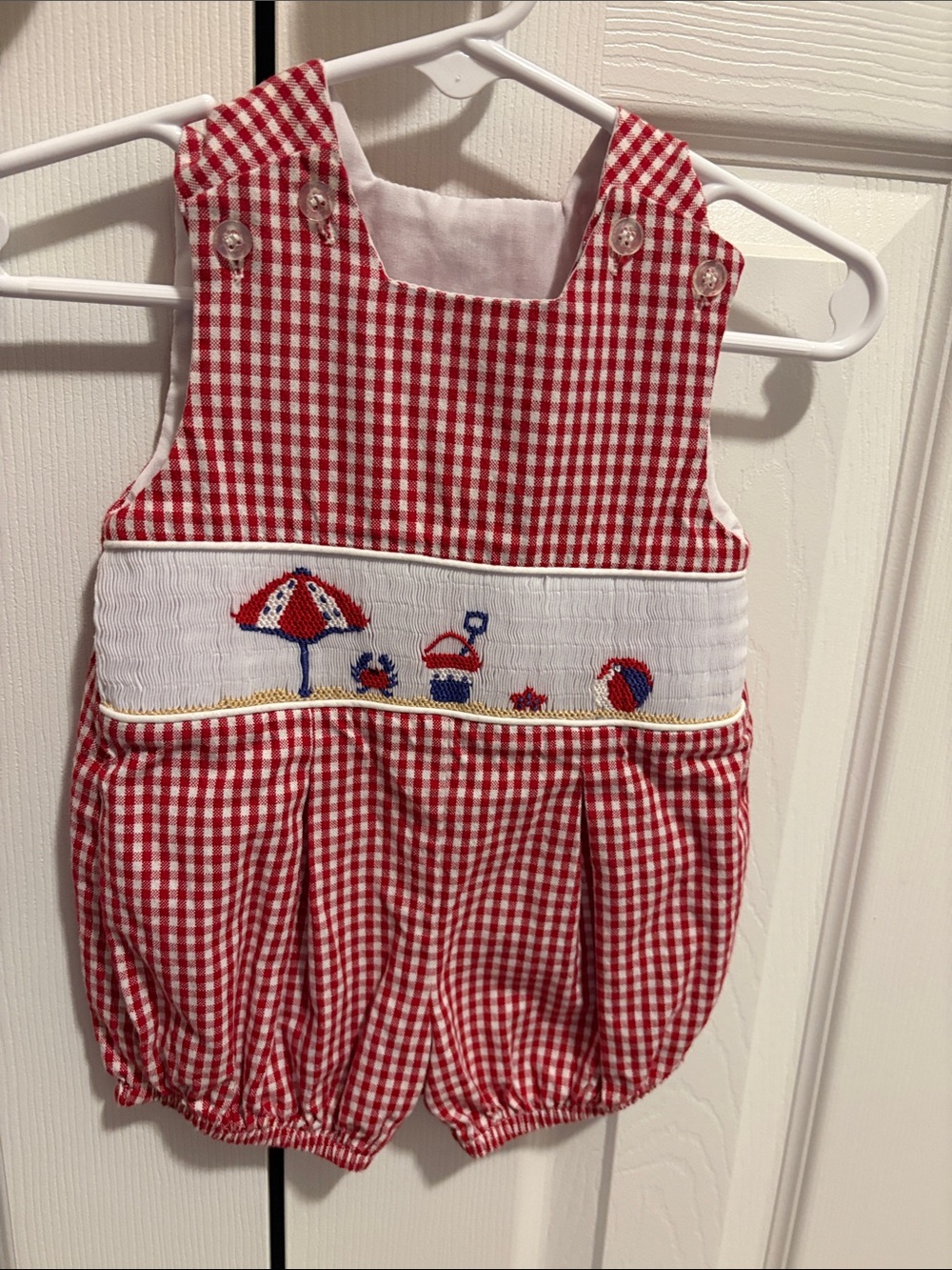 Red Gingham Smocked Beach-Themed Baby Romper - Bailey Boys